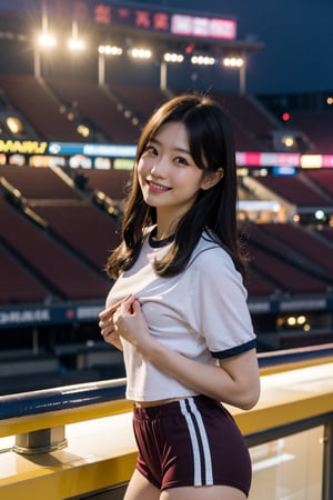 Candid photo of japanese girl, wearing burumashorts, with captivatingeyes, smiling amidst a bustling city, upper bodyframing, in a crowded stadium, golden hourlighting:1.3), shot at eye level, on a Fujifilm X-T4with a 50mm lens, in the style of Alfred Stieglitz, 