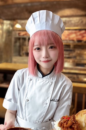 masterpiece, photography, photorealistic, ultra quality, ultra detailed, detaied face, 8k, female_solo, young, 25 years old, chinese girl, pixie cut pink hair, standing, restaurant, chef hat,  chef outfit, model pose, upper body, front view, plain, natural, average, sunny weather, smirking, happy, playful, realhands,ion___chu___