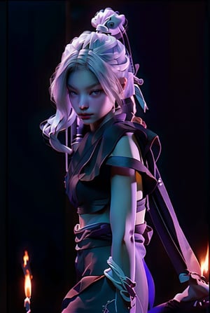  1girl, white hair, ponytail, purple eyes, (ninja), short sword, medium breats ,scarf, wallpaper, magic circle background, light particles, blue fire, ,jennierubyjenes, breasts out, revealing panty