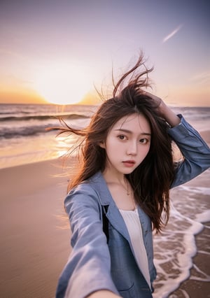 xxmix_girl,a woman takes a fisheye selfie on a beach at sunset, the wind blowing through her messy hair. The sea stretches out behind her, creating a stunning aesthetic and atmosphere with a rating of 1.4,beautymix