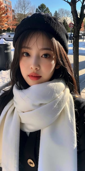 masterpiece, best quality,1girl, solo, black hair, scarf, hat, realistic, looking at viewer, black eyes, long hair, coat, winter clothes, white scarf, lips, bangs, outdoors, closed mouth, upper body,jennierubyjenes