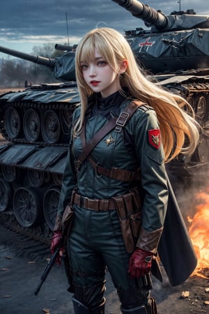 cool vampirepunk avtar super high-quality and detailed of a anime style, beautiful Russian anime blonde in a dirty and bloody russian troop uniform,  on the battlefield near a damaged enemy tank