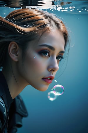 An indescribable emotion, Dark moody lighting, marine at the background, bubble, macro photography, cyberpunk, 32K, high resolution,underwater,underwater,beautymix