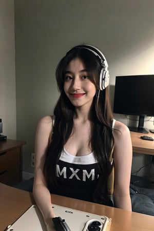 cesiann, 23 year old naked gamer girl sitting in chair, petite, lighting, gaming headset, gaming, photo of a beautiful girl wearing gaming headset, gaming room, messy medium hair, slim body, medium upper body shot, looking at the camera, cute smile, shallow depth of field   