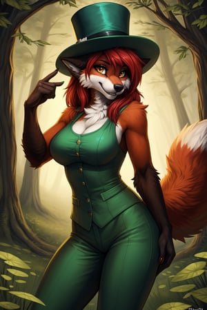 (masterpiece), best quality, expressive eyes, perfect face. (1girl), fox girl, leprechaun, long red hair, yellow eyes, green leprechaun suit, green top hat, shamrock in hat, red fur, seductive grin, facing viewer, dancing, shamrocks, forest, a character portrait by Kaja Foglio, trending on zbrush central, furry art, furaffinity, official art, artstation hd, cowboy shot,detailed character(s), high quality, (high_res), art by Fluff Kevlar, art by foxovh . Vibrant colors, swirling patterns, abstract forms, surreal, trippy,furry, 