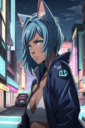 (1girl), catgirl, long blue hair, blue leather jacket, white top, blue shorts, blue cat ears, blue cat tail, tanned skin, city, neon lights, night, cyberpunk 
