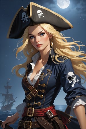 (Highest picture quality), (Prioritizing the exceptional image quality and astonishing level of detail), generate an awe-inspiring (photorealistic:1.1) a female pirate, blonde hair, pirate flag, night, moonlight, artwork portrait, adam hughes, sexy, erotic,Movie Still,Film Still,4nime style,greg rutkowski