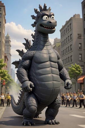 (masterpiece), best quality, Godzilla marching in a city, sunny. Giant. Muscular. Black scales. Claymation. Cartoon.