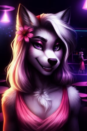 (1boy), femboy, anthro, furry, white fox, mature, fitted, flat chest, girly, pink makeup, white fur, pink dress, eyelashes, long white hair, bushy tail, tropical flower in hair, staring at viewer, seductive grin, night club, neon lights, sexy, close up on face,