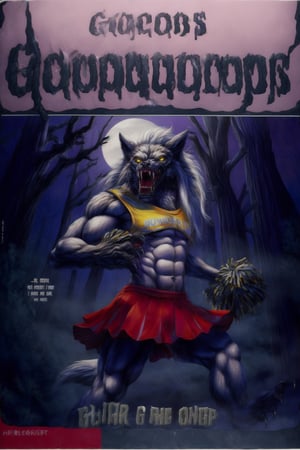 (1girl), Goosebumps book cover, werewolf, female, long white hair, yellow eyes, fangs, cheerleader, white top, purple skirt, abs, bushy tail, claws, marching, growling at viewer, forest, night, full moon, horror, Title: "Goosebumps, The Werewolf Cheerleader.