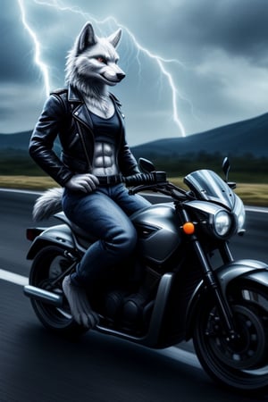 White werewolf girl riding a motorcycle on highway, leather jacket, jeans, bare foot, cinematic lightning, medium shot, mid-shot, highly detailed, trending on Artstation, Unreal Engine 4k, cinematic wallpaper, girl, wolf, white fur, abs, bara, furry, anthro, anatomically_correct, 