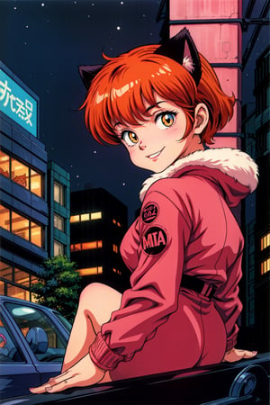 (1girl), catgirl, smiling, short orange hair, cat ears, cat eyes, furry pink jacket, cute, cyberpunk city, night,1990s \(style\),takahashi rumiko