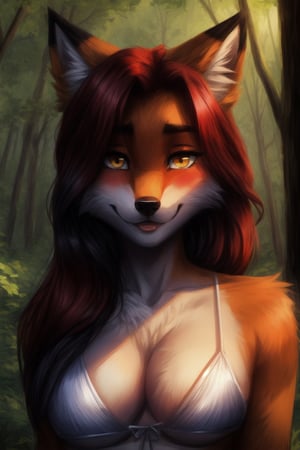 Beatiful fox girl, anthro, furry, orange fur, long red hair, yellow eyes, blushing, close up on face, silver bikini, cleavage, portrait, forest in background,SAM YANG