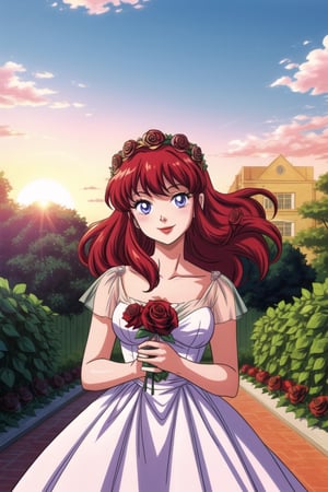 (1girl), princess, roses in long red hair, rose crown, white dress, holding a rose, rose garden, sunny, smiling at viewer, sunset, ,takahashi rumiko