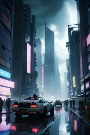 A cyberpunk city with crowded people. Tall skyscrapers, flying cars, holographic ads, and neonlights. The sky is dark and raining. Sci-Fi. Wide angle shot. Photo realistic.