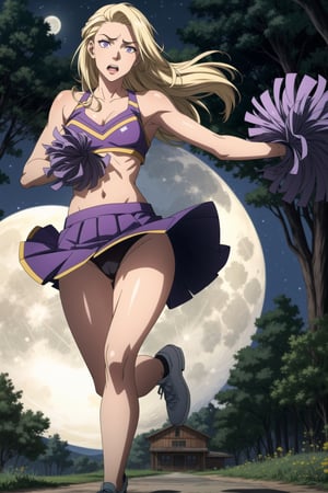 (masterpiece), best quality, expressive eyes, perfect face, (1girl), solo, cheerleader, long blonde hair, purple skimpy cheerleader top, skinny short purple skirt, scared, widened eyes, open mouth, running, forest, night, full moon,  