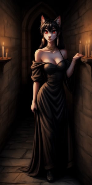  in a dark castle hallway, candle lights, masterpiece, best quality, ultra detailed, (8K quality), expressive eyes, perfect face, perfect anatomy, 1girl,cat girl, white fur, red eyes, furry, anthro,(nipples:0.8), , , earrings thorn princess, black dress, yor briar, off shoulder, long hair, black hair, cleavage, holding swords in both hands, standing,,SAM YANG