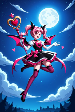 masterpiece, best quality, very aesthetic, absurdres, safe, (1girl), vampire, magical girl, black dress, skirt, pink pigtails, holding a heart scepter, flying, night, full moon,