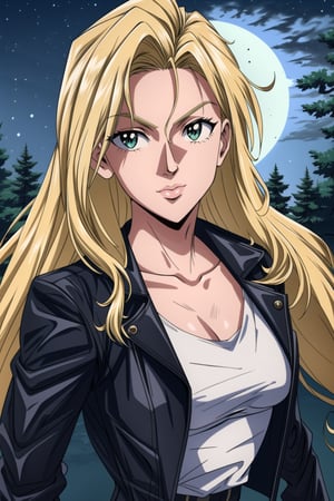 (1girl), long blond_hair, biker, leather jacket, seeing at viewer, forest, night, full moon, portrait,artgerm,High detailed ,1990s \(style\)