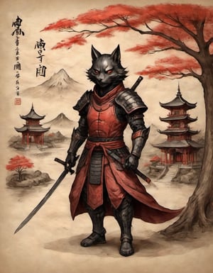 on parchment anime style illustration a black kitsune samurai in red armor, holding sword, in front of a japanese temple Shōnen art style scenery