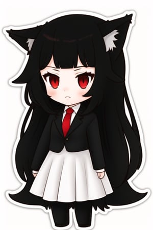 1girl, long hair, black hair, bangs, red eyes, wolf ears, black suit, red tie, white skirt, chibi