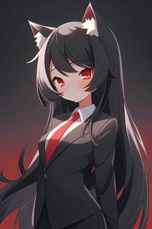 1girl, long hair, black hair, bangs, red eyes, wolf ears, black suit, red tie