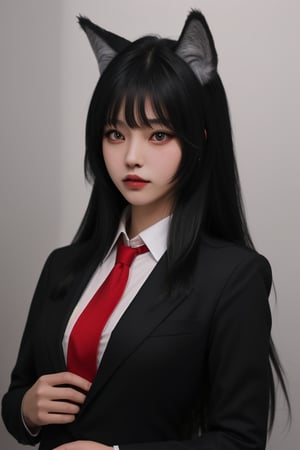 1girl, long hair, black hair, bangs, red eyes, wolf ears, black suit, red tie