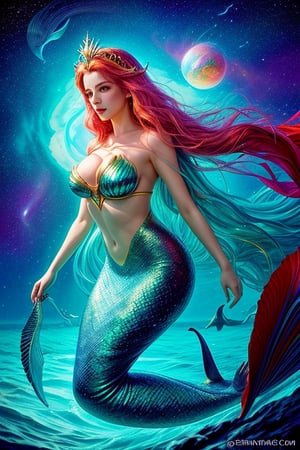 "An imaginative illustration depicts an otherworldly mermaid with the mighty essence of Superman. This mermaid has a unique twist, as her tail is replaced with a flowing cape-like structure, echoing Superman's iconic red cape. Her luminous aqua-colored skin glows in the underwater ambiance, while her hair shimmers like liquid gold. The mermaid's eyes possess an otherworldly charm, radiating power and compassion. The surrounding environment is a mix of surreal elements and celestial beauty, with cosmic stars and ethereal nebulae adorning the background. The art style combines surrealism and abstract expressionism, drawing inspiration from artists like Leonora Carrington and Salvador Dali. The image is created using digital illustration techniques, with a focus on bold colors and fluid lines. The camera captures this captivating mermaid from a high angle, offering a celestial perspective of her majestic presence. The resolution is set at 64K, providing an incredibly detailed and immersive experience."

