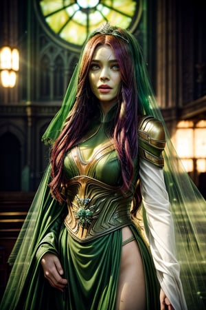 best quality, masterpiece, photorealistic, raw photo, Gamora Guardian on Guardians of the Galaxy, wavy long hair, green wedding dress, green skin, long dress, crown, veil, elegant, looking at viewer, fullbody view, church interior, dynamic lighting, depth of field, dramatic