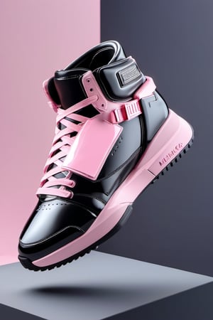 masterpiece, 3d model, plain tennis style shoes, only sneaker, 1 shoe, 8k, black pink color, mecha, square logo, balenciaga style