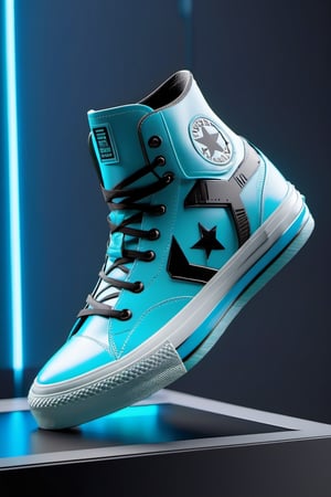 masterpiece, 3d model, plain converse style shoes, only sneaker, 1 shoe, 8k, cyan black color, mecha, arknights logo, 