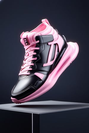 masterpiece, 3d model, plain tennis style shoes, only sneaker, 1 shoe, 8k, black pink color, mecha, square logo, balenciaga style