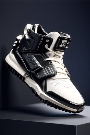 masterpiece, 3d model, plain yezzy style shoes, only sneaker, 1 shoe, 8k, black white color, mecha, square logo