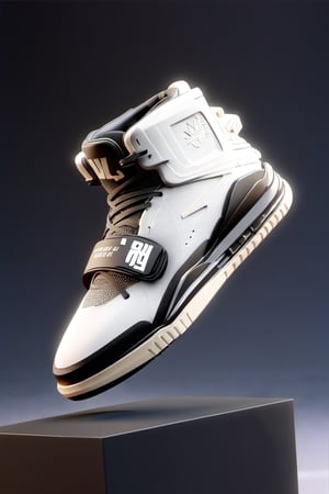 masterpiece, 3d model, plain yezzy style shoes, only sneaker, 1 shoe, 8k, black white color, mecha, square logo