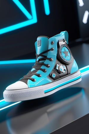 masterpiece, 3d model, plain converse style shoes, only sneaker, 1 shoe, 8k, cyan black color, mecha, arknights logo,cyborg style