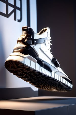 masterpiece, 3d model, plain yezzy style shoes, only sneaker, 1 shoe, 8k, black white color, mecha, square logo