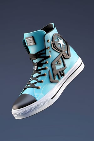 masterpiece, 3d model, plain converse style shoes, only sneaker, 1 shoe, 8k, cyan black color, mecha, arknights logo,cyborg style