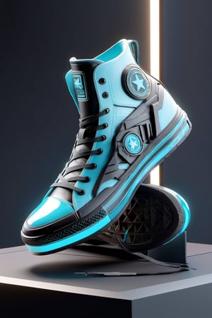 masterpiece, 3d model, plain converse style shoes, only sneaker, 1 shoe, 8k, cyan black color, mecha, arknights logo,cyborg style