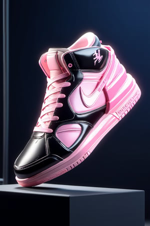 masterpiece, 3d model, plain tennis style shoes, only sneaker, 1 shoe, 8k, black pink color, mecha, square logo, 