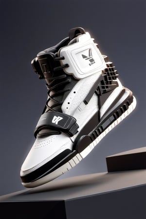 masterpiece, 3d model, plain yezzy style shoes, only sneaker, 1 shoe, 8k, black white color, mecha, square logo