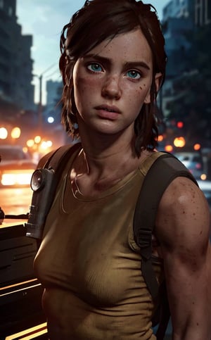 (3ll13tl02:1.3), brown hair, (full body), walking through destoryed city, perfect face, perfect eyes, perfect hands, 1girl, abs, detailed, (realistic), (photorealistic), masterpiece, intricate details, best quality, volumetric lighting, detailed face, 8k, dramatic lighting, Detailedface