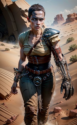 (furiosaimp:1.3), single pauldron, single mechanical arm, shirt, belt, pants, boots, (full body), in the desert, perfect face, perfect eyes, perfect hands, 1girl, abs, detailed, (realistic), (photorealistic), masterpiece, intricate details, best quality, volumetric lighting, detailed face, 8k, dramatic lighting, Detailedface