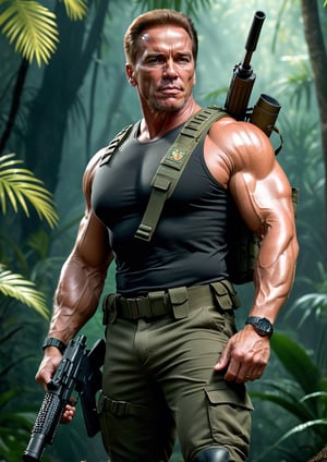 Arnold Schwarzenegger, Cigar in mouth, stubble on face, (holding an M16 in hands), wearing jungle camo millitary pants, black sleevles t shirt, black millitary boots,, Jungle background, full body shot, (Predator movie scene) volumetric lighting, 8k octane beautifully detailed render, post-processing, portrait, extremely hyper-detailed, intricate, epic composition, cinematic lighting, masterpiece, trending on artstation, chiaroscuro, bioluminescent very very detailed, masterpiece, stunning,photo r3al,Extremely Realistic