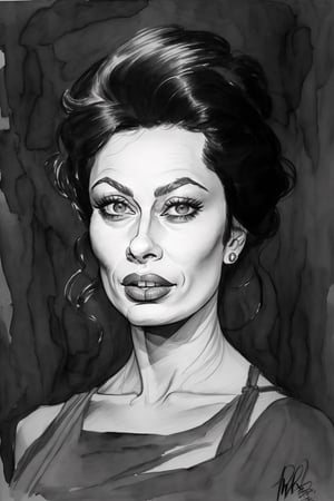 a beatifull female portrait, Sophia Loren, caricature, ink drawing and water colours,(MkmCut),(PnMakeEnh)