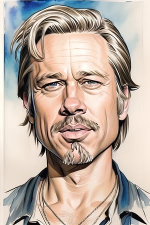 actor man portrait, Brad Pitt, caricature, style Jack Davis and Mort Drucker, ful hd, 8k, watercolor colors from these masters splah.