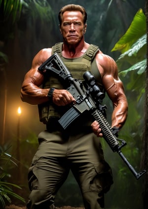 Arnold Schwarzenegger, Cigar in mouth, stubble on face, (holding an M16 in hands), wearing jungle camo millitary pants, black sleevles t shirt, black millitary boots,, Jungle background, full body shot, (Predator movie scene) volumetric lighting, 8k octane beautifully detailed render, post-processing, portrait, extremely hyper-detailed, intricate, epic composition, cinematic lighting, masterpiece, trending on artstation, chiaroscuro, bioluminescent very very detailed, masterpiece, stunning,photo r3al,Extremely Realistic