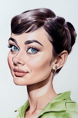 a beatifull female portrait, Audrey Hepburn, caricature, ink drawing and water colours,(MkmCut),(PnMakeEnh)