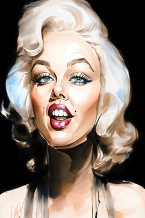 a beatifull female portrait, Marlyn Monroe, caricature, ink drawing and water colours,(MkmCut),(PnMakeEnh)
