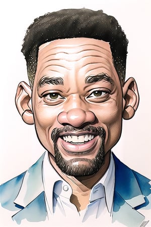 a man portrait, Will Smith, caricature, style Jack Davis and Mort Drucker, ful hd, 8k, watercolor colors from these masters splah.