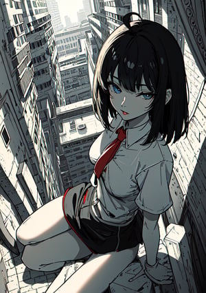 masterpiece, best quality, 1girl, short_hair_with_long_locks, black_hair, red dress, miniskirt, short sleeves, blue eyes, black gloves, slightly tanned, lip_stick, big breasts, red dark skin, hairless, lighter_skin, looking at viewer, wink, pointing at viewer, one eye closed, legs together, grey necktie, Small hands, sitting, masterpiece of Digital art, very detailed and coherent, intricate, soft focus, dramatic shadows, basic_backgroud, light_particles, comprehensive cinematic, magical fotography, simple_background, white_background, two_arms, ahoge, coherence, city_background,
